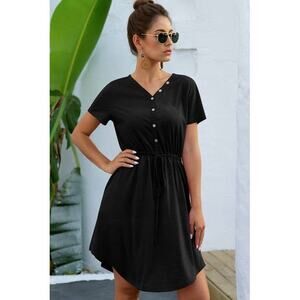 Supreme Fashion Dress Jersey Button Down Women Sz L Black Casual V Neck Chic NWT